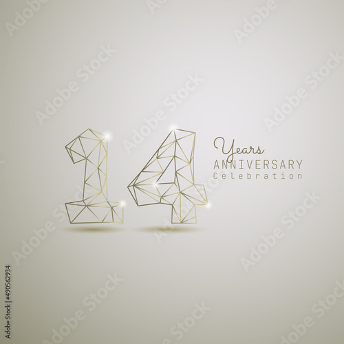 14 years anniversary logotype with gold wireframe low poly style. Vector Template Design Illustration.