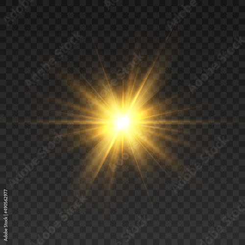 Golden stars, glow effect, glowing lights, sun. Detonation effect vector.