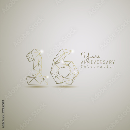 16 years anniversary logotype with gold wireframe low poly style. Vector Template Design Illustration.
