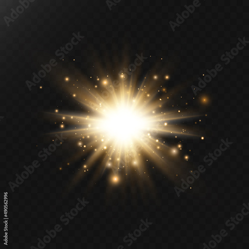 Golden stars, glow effect, glowing lights, sun. Detonation effect vector.
