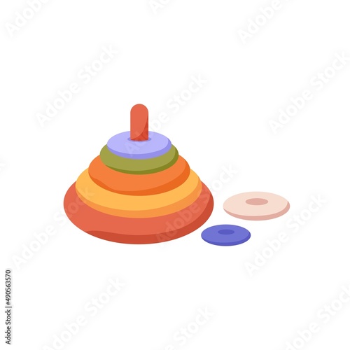 Toddlers stacker toy. Wood colorful rings in stack for kids game. Baby tower pieces on stick. Flat vector illustration isolated on white background
