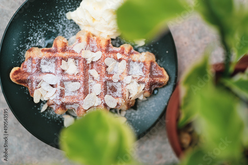 sweet waffle dessert on caf...