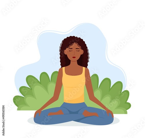 Meditating woman. Meditation concept. Girl in lotus position practicing yoga  vector illustration