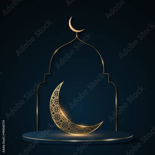 Ramadan Kareem 3d podium with traditional Arabic frame. Luxurious golden moon with islamic ornament. Cylinder with gold glitter. Minimal muslim scene. Eid Mubarak. Vector illustration
