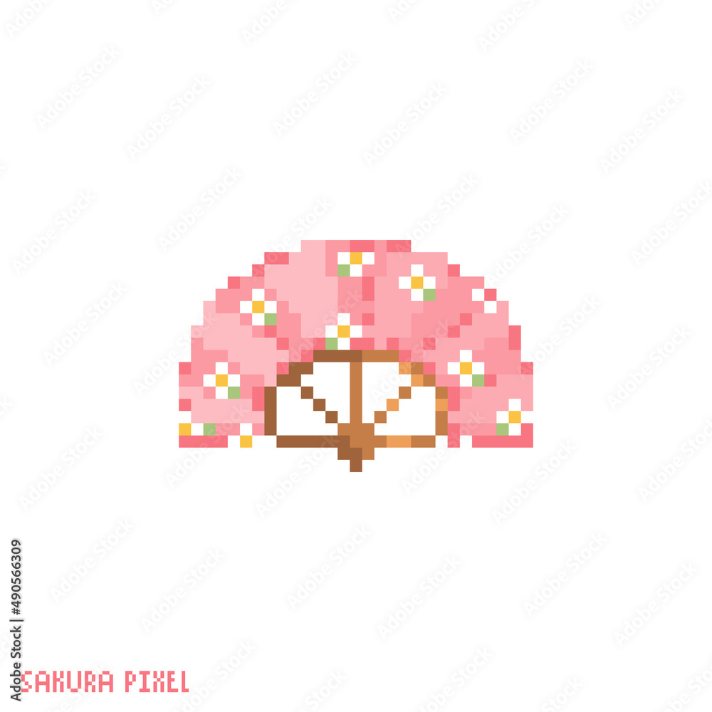 Pixel art fan icon. Vector 8 bit style illustration of traditional hand fan of japan. Classic pink female fan decorative oriental spring hanami element of retro video game computer graphic.