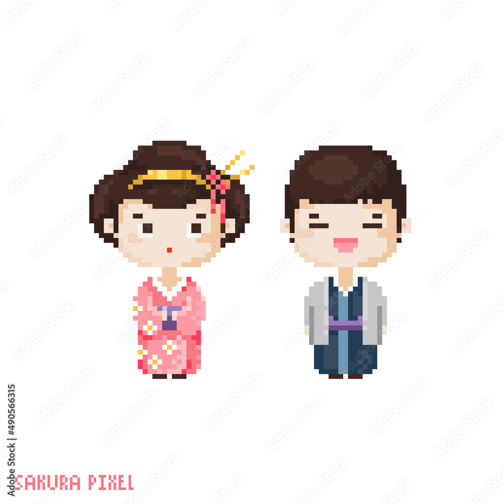 Pixel art man and girl in kimono. Vector 8 bit style illustration of japanese tradition hanami pair. Traditional costumes decorative oriental spring hanami element of retro game computer graphic. Pixel art man and girl in kimono. Vector 8 bit style illustration of japanese tradition hanami pair. Traditional costumes decorative oriental spring hanami element of retro game computer graphic.