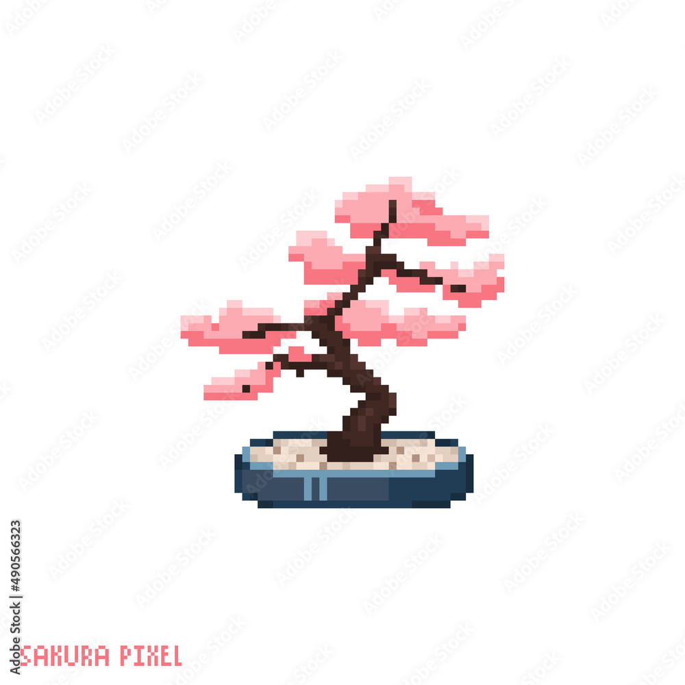 Pixel art bonsai sakura icon. Vector 8 bit style illustration of asian  cherry blossom bonsai. Pink hanami sakura bonsai decorative oriental spring  element of retro video game computer graphic. Stock Vector
