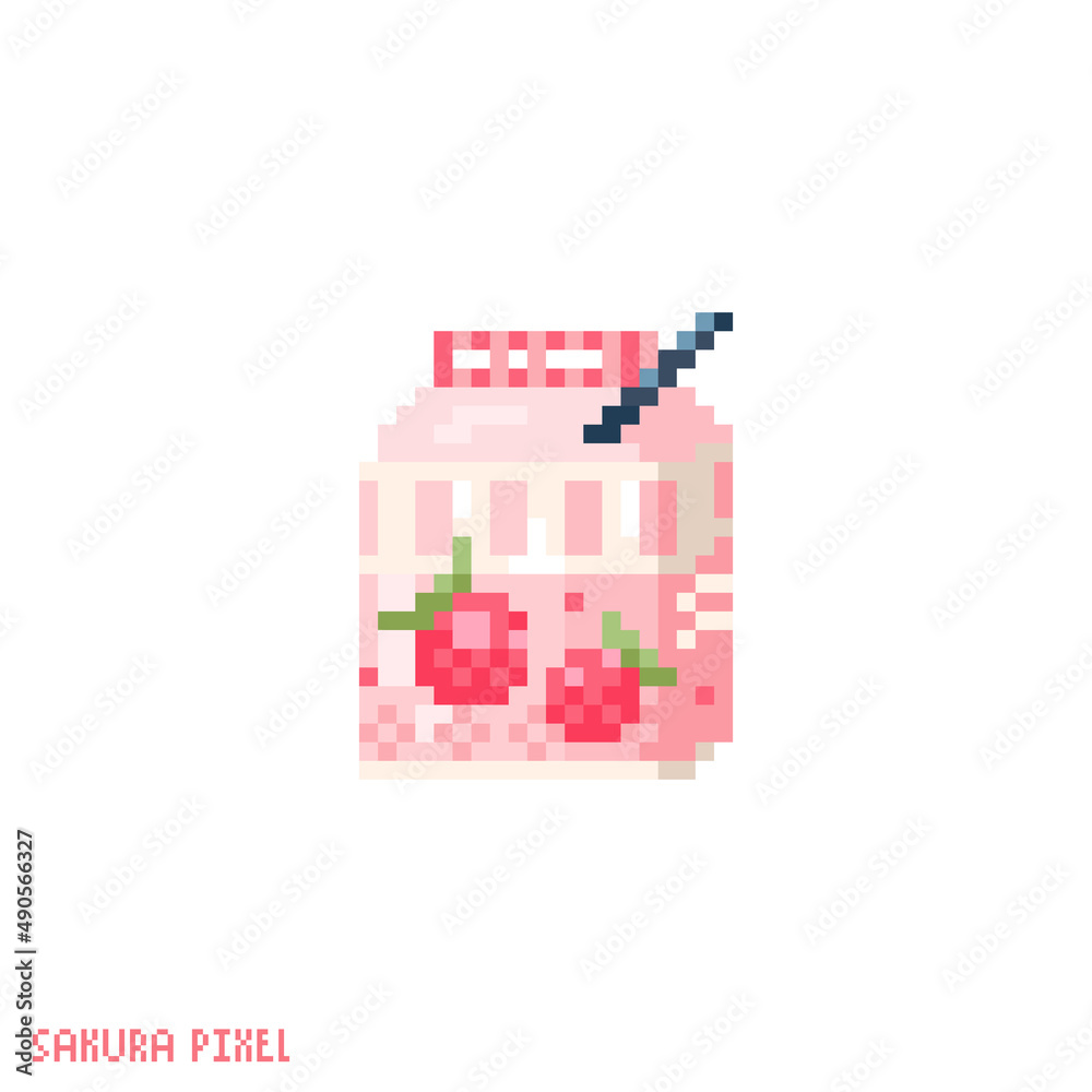 Pixel art strawberry milk icon. Vector 8 bit style illustration of asian strawberry milk carton. Cute pink milk carton decorative oriental spring element of retro video game computer graphic.