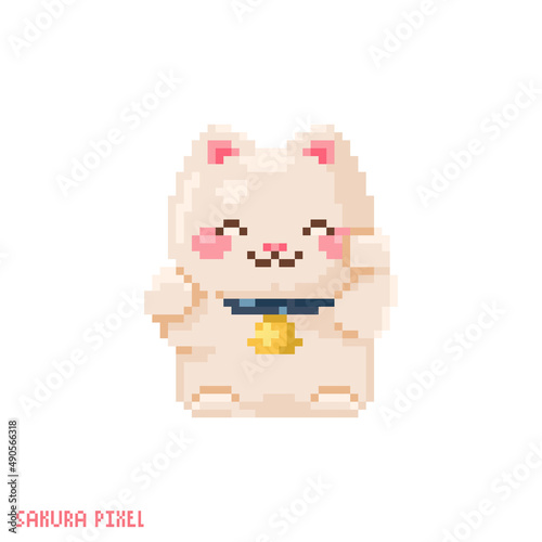 Pixel art lucky neko cat icon. Vector 8 bit style illustration of japanese fortune money maneki cat. Japanese cute lucky cat decorative oriental element of retro video game computer graphic.