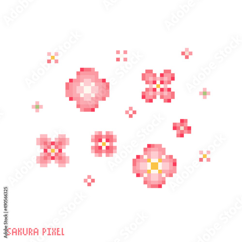 Pixel art sakura flowers icon set. Vector 8 bit style illustrations of asian cherry or plum flowers. Decorative oriental spring hanami sakura blossom element of retro video game computer graphic pack.