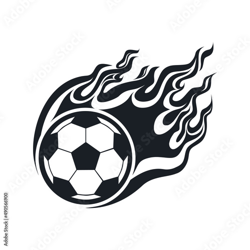 Soccer ball on fire, flames. Monochrome vector illustration