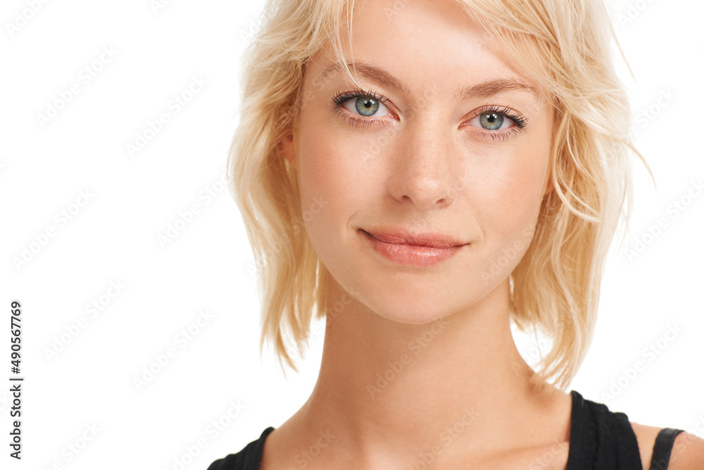 Let me share your message here. Positive young blonde womans face isolated on white alongside copyspace. Let me share your message here. Positive young blonde womans face isolated on white alongside copyspace.