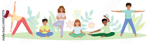Children in nature do exercises for a healthy lifestyle vector illustration of leaves in a flat cartoon