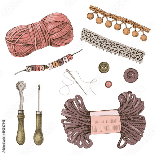 Set of hand drawn vintage sewing tools.