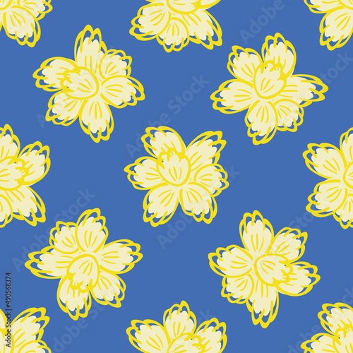 Abstract daffodil flowers vector seamless pattern background. Bright yellow mix of flower heads on blue backdrop. Hand drawn design in offset style. Spring floral botanical nature repeat print.