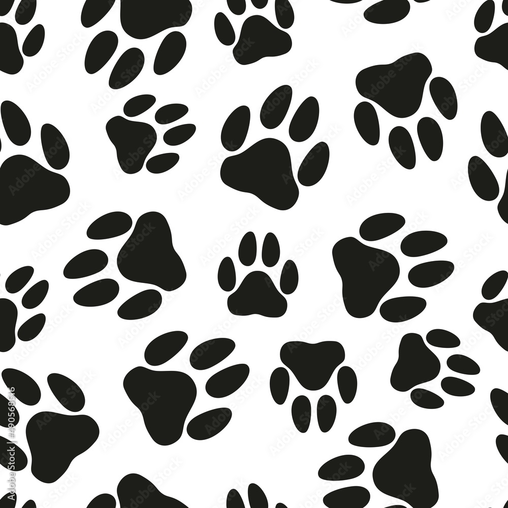 Dog paws seamless pattern, black and white background doodle drawing of pet paws, chaotically scattered elements, minimalism pattern Dog paws seamless pattern, black and white background doodle drawing of pet paws, chaotically scattered elements, minimalism pattern