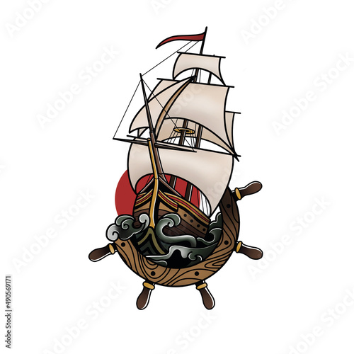 image of a ship in the style of a neotraditional tattoo. 