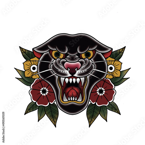  image of a panther's grin in a flowers in the of a neotraditional tattoo.