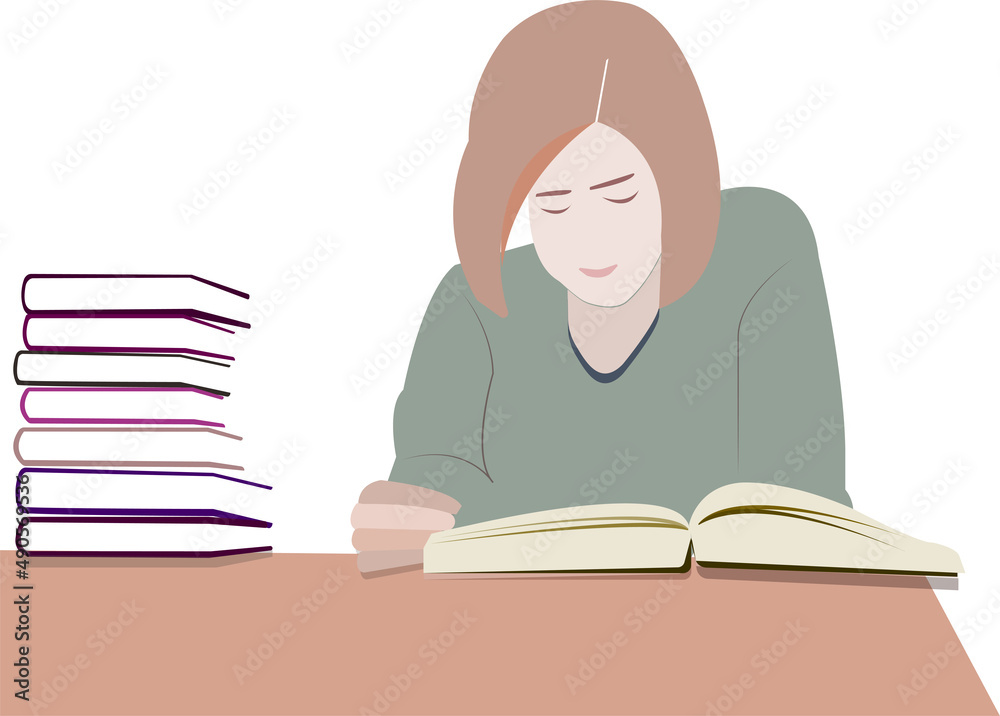 Girl reading a book and many books on the table