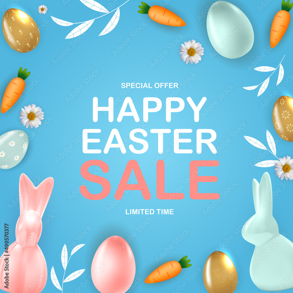 Happy Easter sale poster template with 3d realistic Easter eggs, bunny, carrot. Template for advertising, poster, flyer, greeting card. Illustration