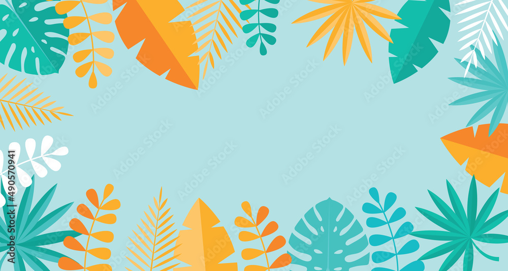 Simple Tropical Palm and Motstera Leaves Natural Blue Background. Illustration Simple Tropical Palm and Motstera Leaves Natural Blue Background. Illustration