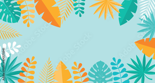 Wallpaper Mural Simple Tropical Palm and Motstera Leaves Natural Blue Background. Illustration Torontodigital.ca