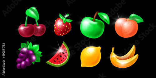 Casino slot fruit icon kit, glossy fresh apple, cherry, strawberry, vector gambling machine badge set. 3D lucky win UI design elements, watermelon, grape, banana, peach, lemon. Isolated casino fruit
