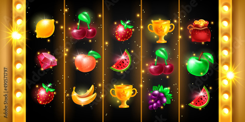 Casino 5-reel slot game background, vector golden fruit jackpot UI icons, Vegas machine banner. Vintage light lamp, glossy cherry, grape, banana, peach. Retro gambling winner badge web slot background