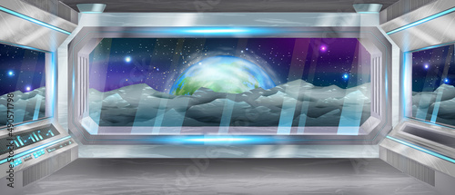 Spaceship window view, cosmic stones, stars, future spacecraft interior, vector Earth planet. Metal neon galaxy game background, shuttle frame, night sky. Fantasy sci-fi spaceship window, moon ground