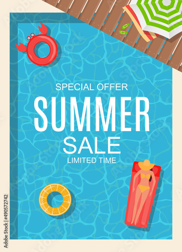 Summer Sale background poster with swimming pool. Illustration