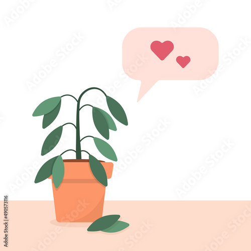  Plants care concept in a flat style. A potted houseplant dying without care or watering. Thoughts of love and care. Cute vector illustration.