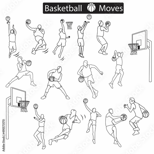 A set of basketball game moves can be used as icon, line drawing, coloring book and silhouette