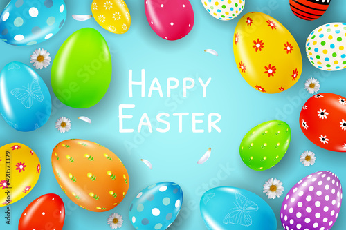 Easter poster template with 3d realistic eggs, spring blue background. Templa...