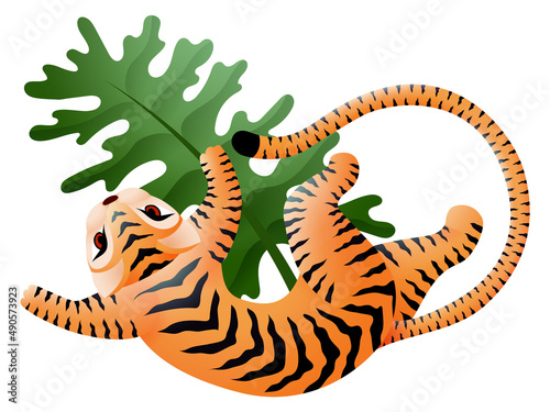 Tiger on green leaf. Oriental decorative animal symbol