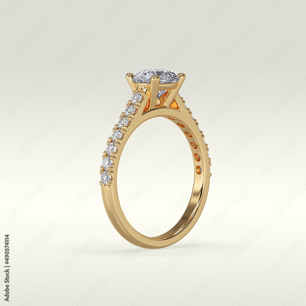 solitaire engagement ring standing position in metal gold 3D render solitaire engagement ring standing position in metal gold 3D render