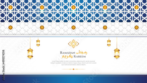 Ramadan Kareem Islamic Luxury Blue and White Elegant Layered Islamic Ornamental Background. With Arabic Pattern, Islamic Border, and Decorative Hanging Lanterns Ornament. 