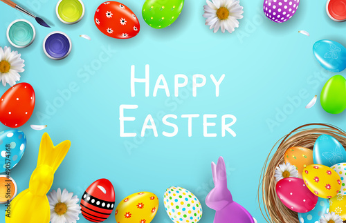 Easter poster template with 3d realistic eggs, paint. Template for advertisin...