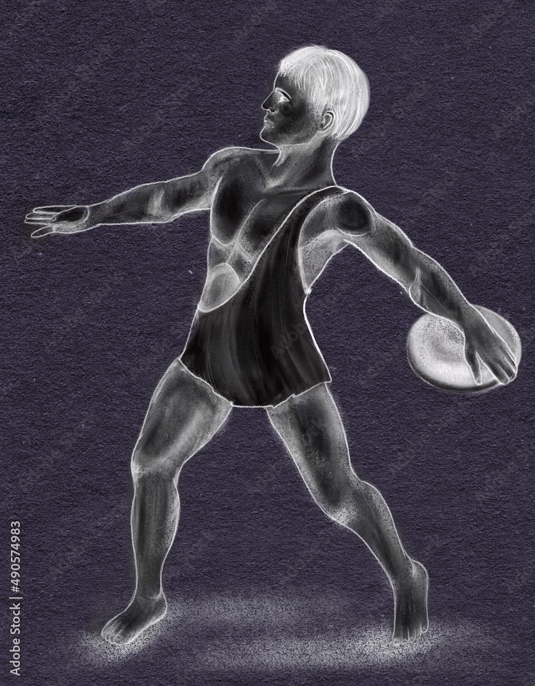 pencil sketch of a man in a cape athlete throwing a disc