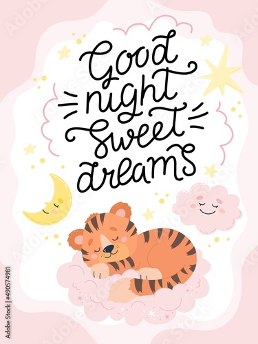 Good night sweet dreams, poster or card template with hand drawn calligraphy lettering and cute sleeping tiger. Vector illustration