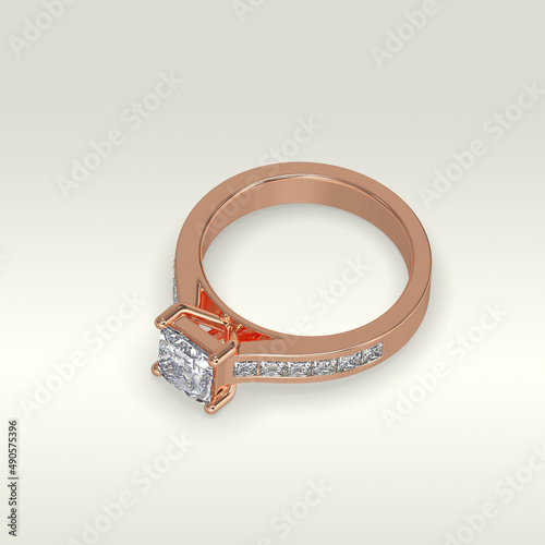 solitaire engagement ring laying down position in rose gold 3D render