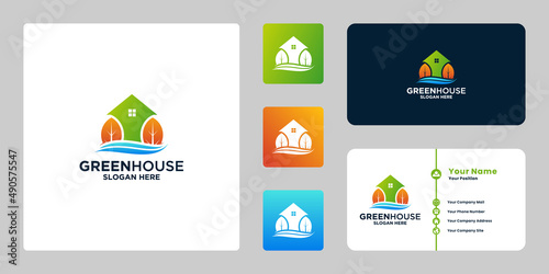 green house, modern eco house logo design with gradient color and business card design.