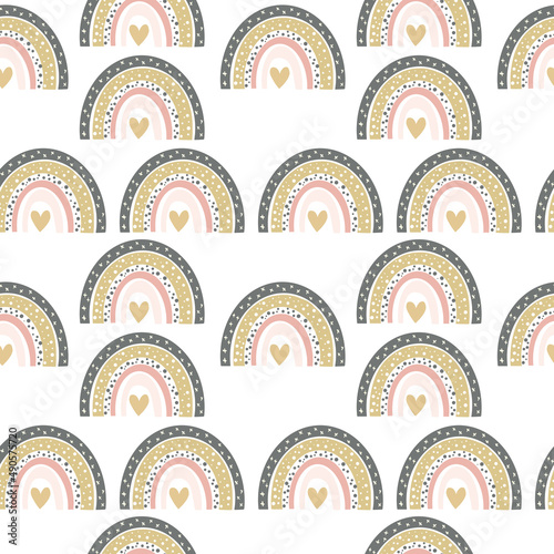 Illustration of a cartoon seamless pattern of rainbows in brownish pink color on a white isolated background. High quality illustration