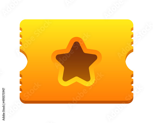 Golden ticket. Vector cartoon illustration. 3d golden ticket with star isolated on white background.