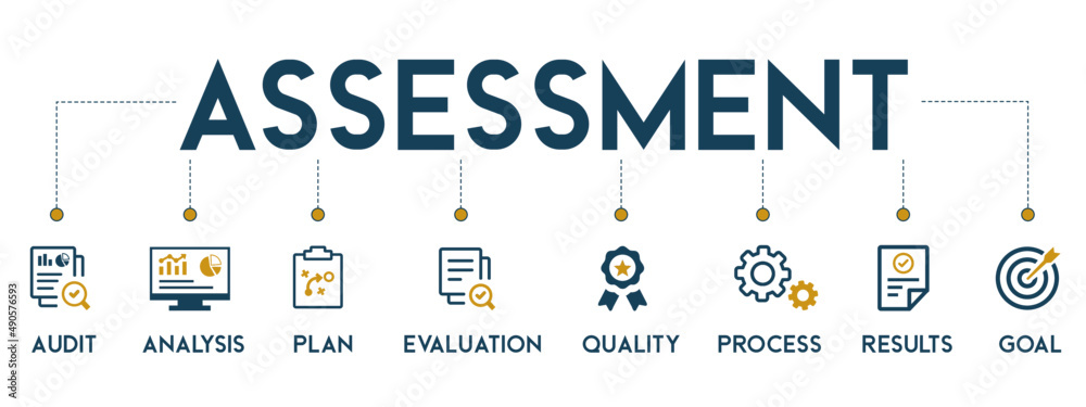 Assessment banner web icon vector illustration for accreditation and evaluation method on business and education with audit, analysis, plan, evaluation, quality,process,results and goal icon - obrazy, fototapety, plakaty 
