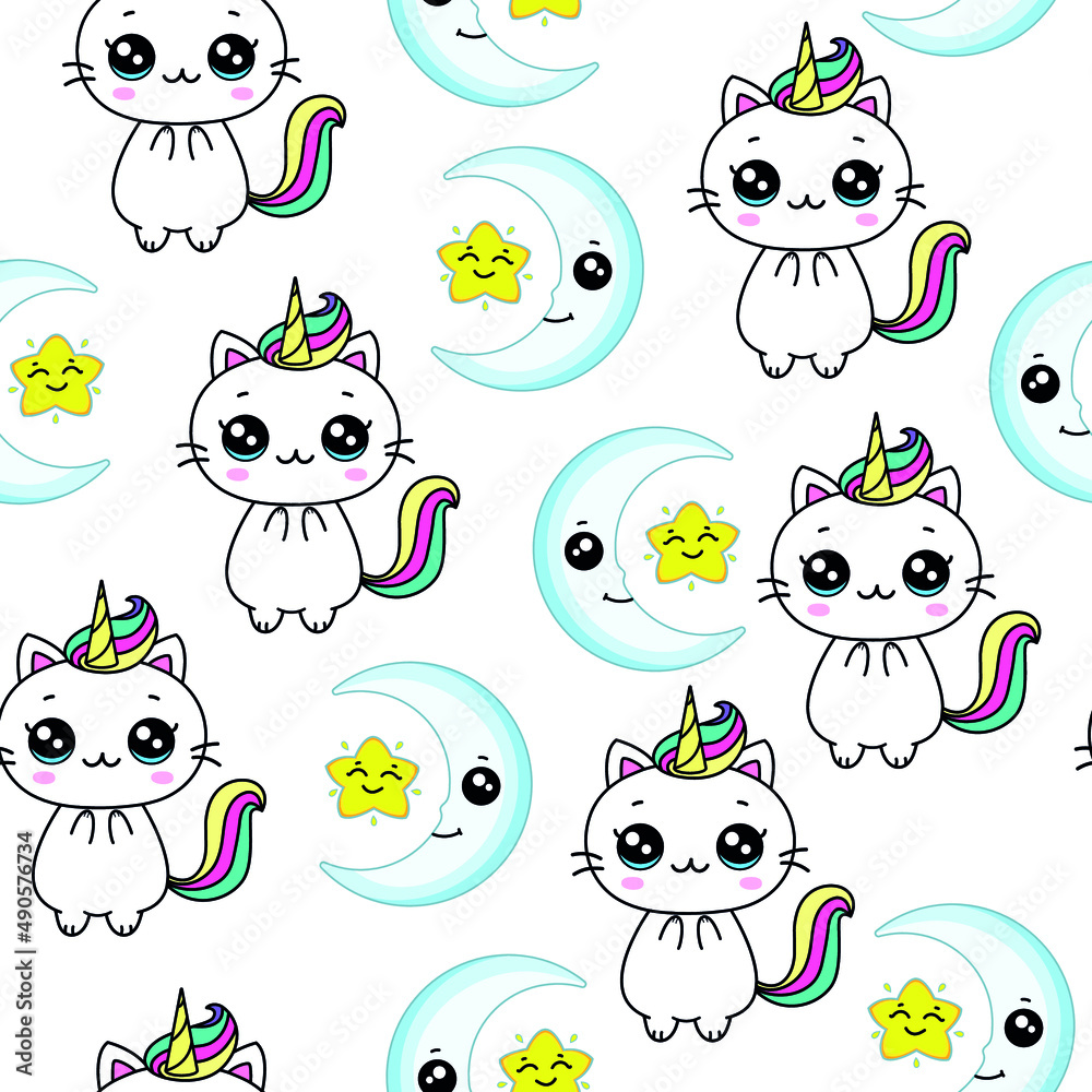 pattern with cute cat with horn and colorful tail. seamless pattern cat unicorn with multicolored hair. vector illustration, eps 10.