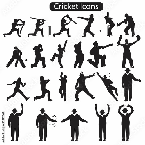 A set of cricket actions, batting, bowling, catching and umpires. can be used as icons, line drawing, coloring books and silhouette.