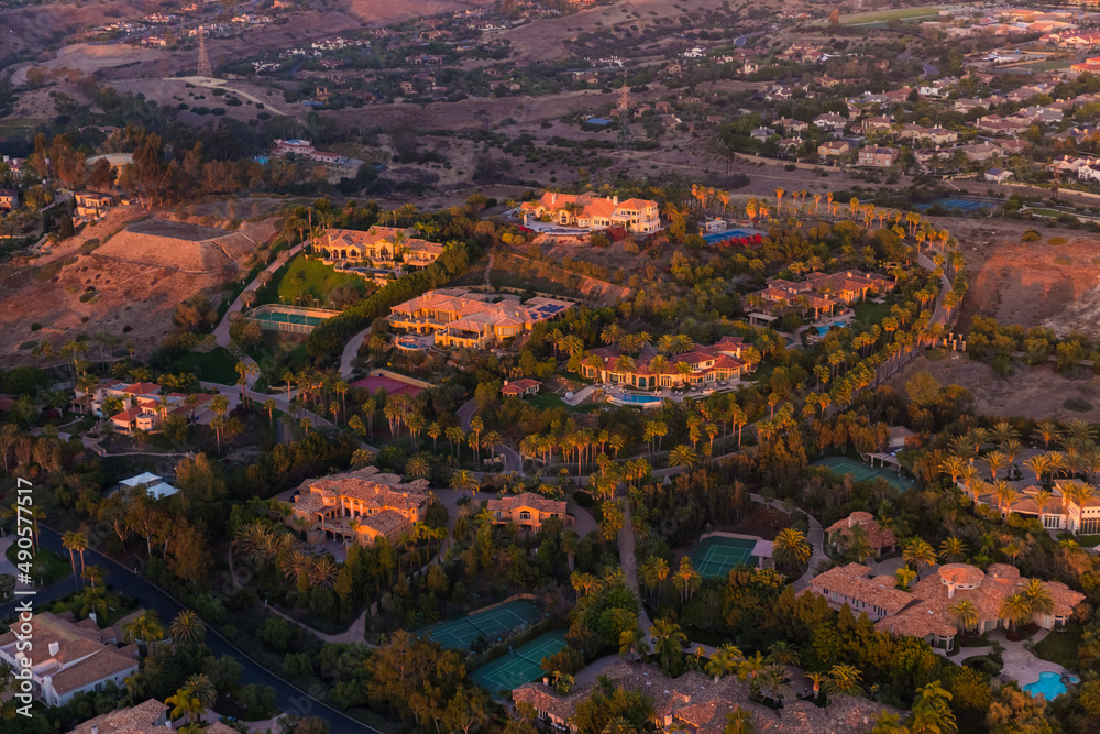 Sunset Aerial View of luxury homes in nice neighborhood