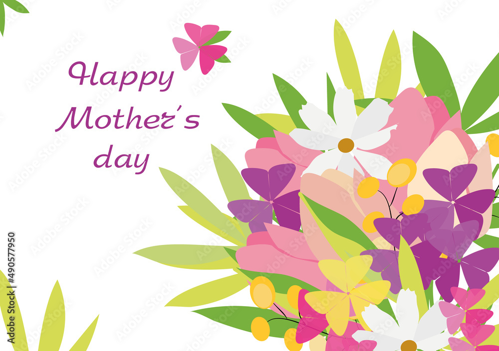 Mother's Day postcard template. Bouquet with delicate spring flowers. World Women's Day