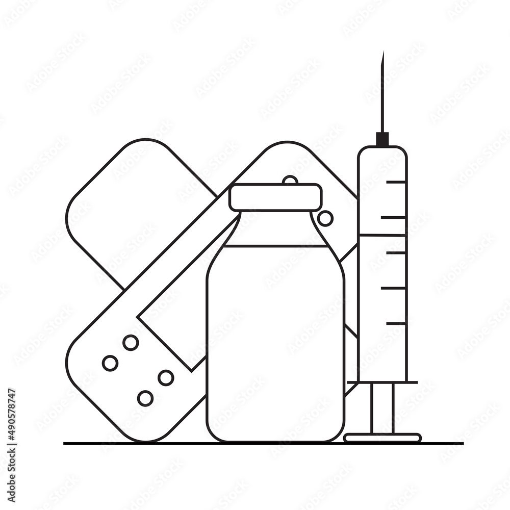 Vaccination Concept. Syringe, vaccine and patch medical icons in trendy line style isolated on white background for web applications and mobile concepts. illustration Vaccination Concept. Syringe, vaccine and patch medical icons in trendy line style isolated on white background for web applications and mobile concepts. illustration