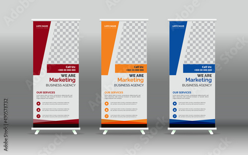 Roll Up Banner Template Layout. professional roll up stand banner template design. Abstract modern roll up background. roll up template billboard, banner stand design photo